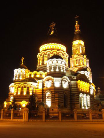 There is Blagoveshenskiy Cathedral at night. Vision of this place is very beautiful and attractive for foreign tourists.