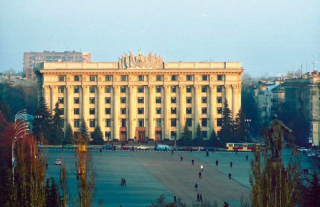 It is the building of the Kharkov Government. Leaders of political organizations meet in this place for discussing of national questions and problems of our city.